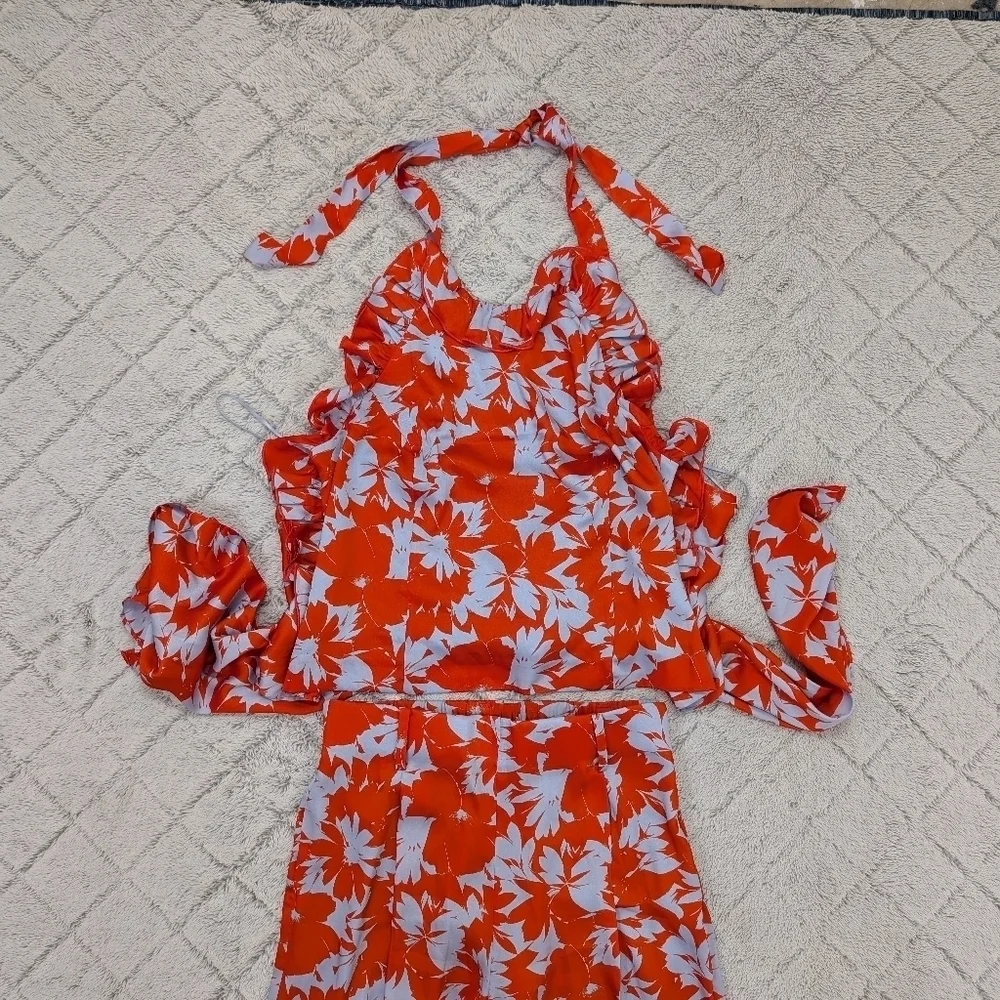 J. Crew Pants Set Womens 8 Large Orange Ratti Falling Leaves Halter Top Ruffle